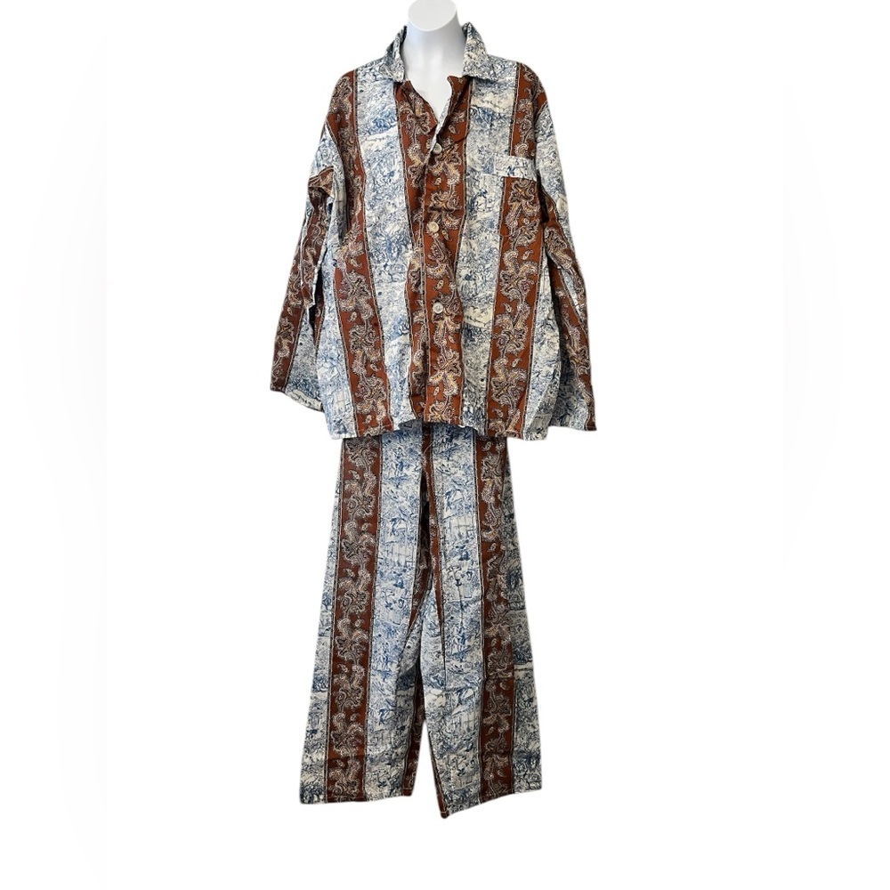 Vintage Pleetway Balloon Seat Pajama Brown Paisley Blue Toile Set Size C Large - Picture 1 of 8